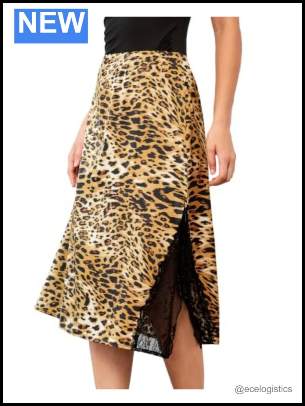 Leopard Satin A-Line Midi Skirt High Waist Lace Slit